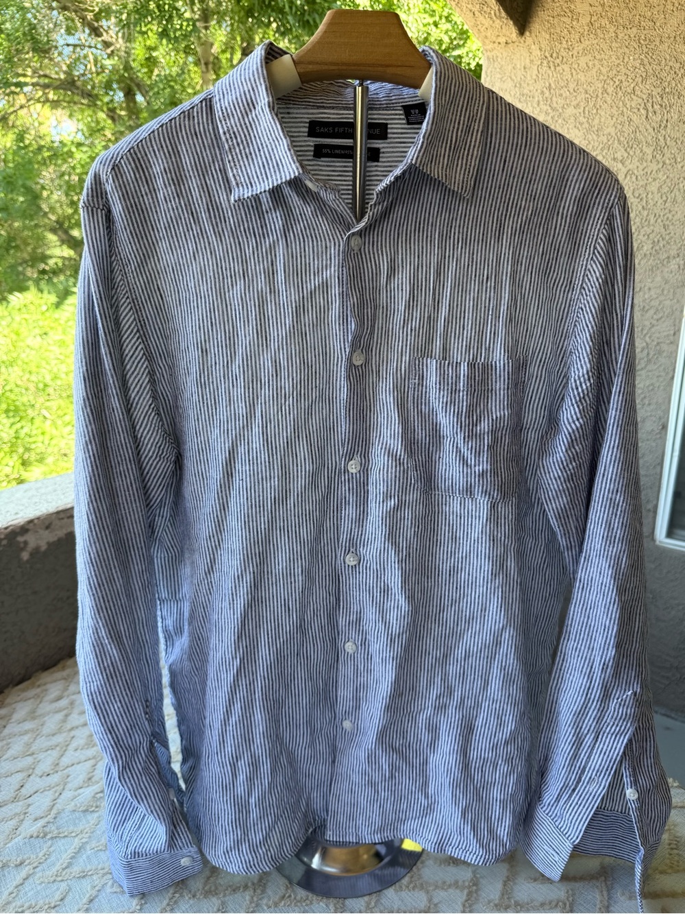 Saks Fifth Avenue Men's Navy and White Pinstripe Button-Down Shirt